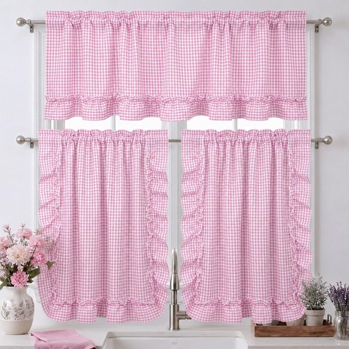 Pink gingham kitchen curtains - gingham,