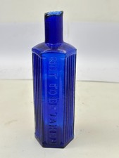 60283 Old Vintage Antique Glass Poison Bottle Hexagonal Blue NTB SHEAR LIP 4oz