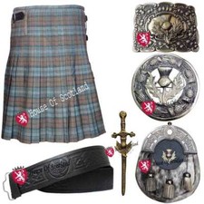 Scottish Kilt Outfit Set Weathered Black Watch Tartan Pin Brooch Buckle Belt
