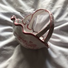 Portuguese Vestal Handpainted White & Pink Twisted Handle Floral Basket Small.