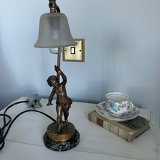 Antique French Cherub Table Lamp Cupid Releasing a Dove Into the Sky