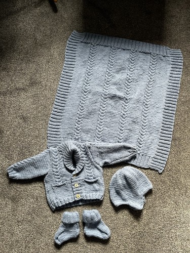 Baby boys cardigan booties hat