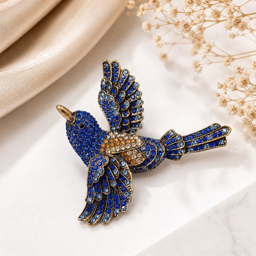 Blue crystal bird brooch - crystal,