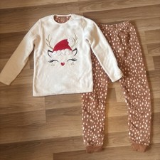 Girls Primark Cream/Brown/Reindeer/Christmas Fleece Pyjamas Age 11–12, 152Cm