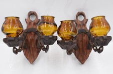 x2 Vintage Wooden Wall Horseshoe Sconce With Amber Glass Candle Holders 15"