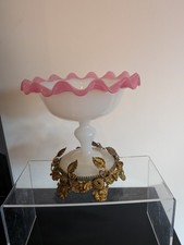 Antique Victorian Milk Glass Bowl With Metal Stand Pink Edge