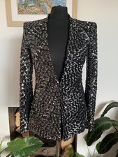New Zara Sequin Jacket Blazer Silver Black Shoulder Padded - Size Small - Trinny