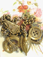 CHUNKY HEAVY VINTAGE BRASS CHARM BRACELET WITH CLASSICAL THEMED OVERSIZED CHARMS