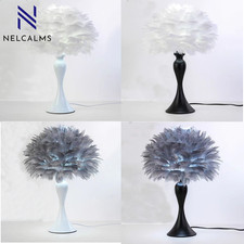 Goose Feather Bedside Table Lamp 3 Colour Light Modes Lampshade Nigh Light LED