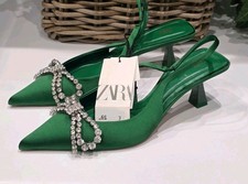 Zara Green Satin Kitten Heels Embellished Bow Slingback Uk 6 Brand New
