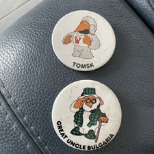 Two Vintage Womble Tin Badges Great Uncle Bulgaria And Tomsk