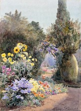 Mary Stevens  Garden Border, Sunflowers,  Antique Original Watercolour Painting