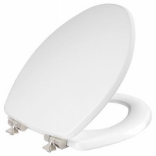 Benton Elongated Wood Toilet Seat,White Enamel,Never Loosens,Slow-Close Brushed