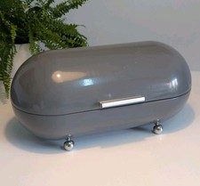 Grey Metal Pill Shaped Bread Bin / Bread Box. Good Condition 