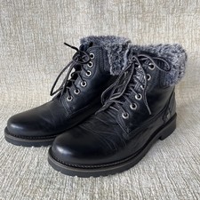 Wrangler Black Leather Ankle Boots Size UK6 EU 39 Fur Top Combat Lace Up Womens