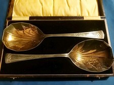 Pair Old Epns Spoons In Box - Vintage Sheffield Collectable UK Serving Spoon 