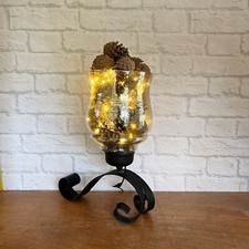 Large Bronzed Glass Wrought Iron Hurricane Storm  Lantern Pine Cone Lamp