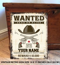 PERSONALISED WANTED COWBOY OUTLAW Retro Vintage Metal Wall Sign RS531