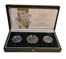 2005 Royal Mint Three-Coin Set Gold Proof, Box, Coa, and Screw Lid Caps. NO COIN