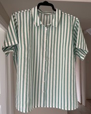 Damart Ladies Short Sleeve Blouse. Size 24. Green and white stripe. 100% Cotton.