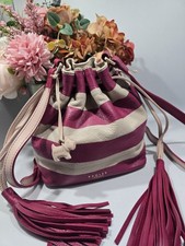 Radley London 🐕 Berry Nice Pink Stripe Leather Tasselled Drawstring Small Bag