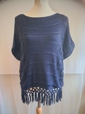 Papaya Weekend Size 16 Ladies Navy Acrylic Tassle Jumper Short Sleeved
