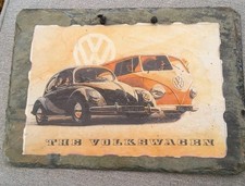 Decoupage 10" Wall Hanging Welsh Slate Handcrafted VW Beetle & Camper Van Gift 