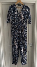 Ladies Size 10 Blue Patterned Elegant Jumpsuit Sugarhill Boutique Wrap V Neck GC