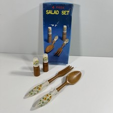 Vintage 4 Piece Salad Set Wooden Fork & Spoon with Ceramic Handles Salt & Pepper