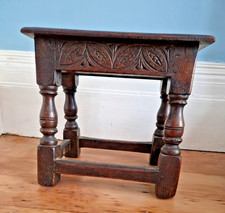 Antique English Footstool Bench Stool, Turned Leg Carved Oak c. 1900