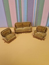 Vintage Lundby Velour Mustard Colour  Dolls House Suite -Sofa And Armchairs