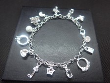 Sterling Silver Charm Bracelet with 13 Lucky Silver Charms Stamped 925