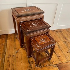 Vintage Asian Nesting Tables Inlaid Mother of Pearl Floral & Bird Design Wooden