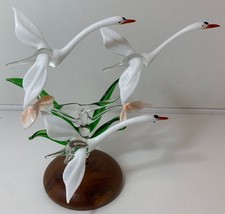 Rod Beckurst Glass Sculpture Swans in Flight 25cm Tall Wooden Base