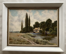 Vintage Original Oil on Board English Country Landscape River Water Mill Signed