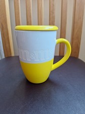 M&M World Yellow White Etched Large Coffee Cup Mug With Lid