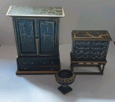 1:12 Dolls House Black & Gold Crackle Glaze Wardrobe, Chest of Drawers, Planter