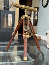 Brass Wood Nautical Telescope On Tripod Stand Complete With Magnifying Glass