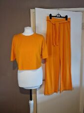 Zara orange co-ord set tracksuit crop tshirt tee wide leg tie waist trousers S/M