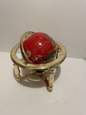 RED/MAROON GOLD 4 LEGGED BRASS DESKTOP WORLD GLOBE GEMSTONE GLOBE 