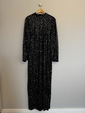 Raishma Black Sequin Evening Dress Ball Gown Sheer Sleeve High Neck Split Leg