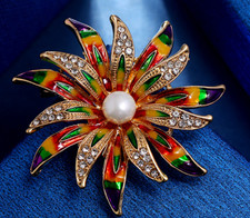 Vintage Art Deco Style Enamel Crystal Sunflower Pearl Brooch Badge Pin Gift