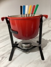 Le Creuset Vintage Red Cast Iron Fondue Set With 6 Fork Skewers Stand And Burner