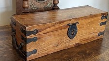 Antique Large Camphor Wood Chest Upholstered With Iron Corners And Wrought Iron