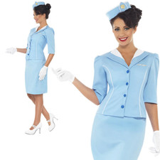 Adult Ladies Blue Air Hostess Cabin Crew Stewardess Fancy Dress Costume UK 8-18