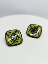 Pair of Danmark Signed Green Square Dichroic Glass Clip On Earrings