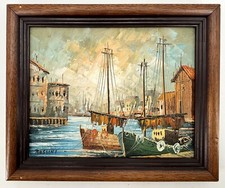 Vintage OIL PAINTING HARBOUR / CANAL SCENE Signed Rossini Possibly Italian