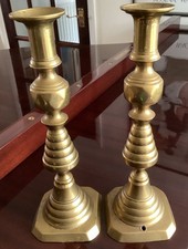 Antique Pair Brass Candlesticks 17.7cm Tall Heavy Large