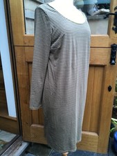 MYTI MYRINE STRETCH DRESS, STRIPED PATTERN OLIVE/MOCHA, LONG LENGTH SIDE SPLITS