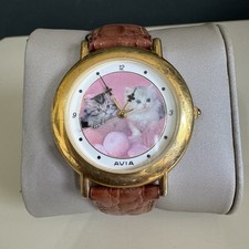 Avia Vintage Quartz Wristwatch - Cats Dial - Gold Plated - Leather Strap - 38mm